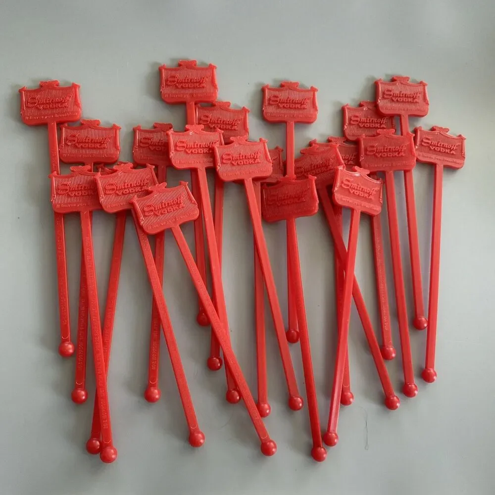 Lot 20 Vintage Smirnoff Vodka Swizzle Sticks Red Plastic Drink Stirrers Barware